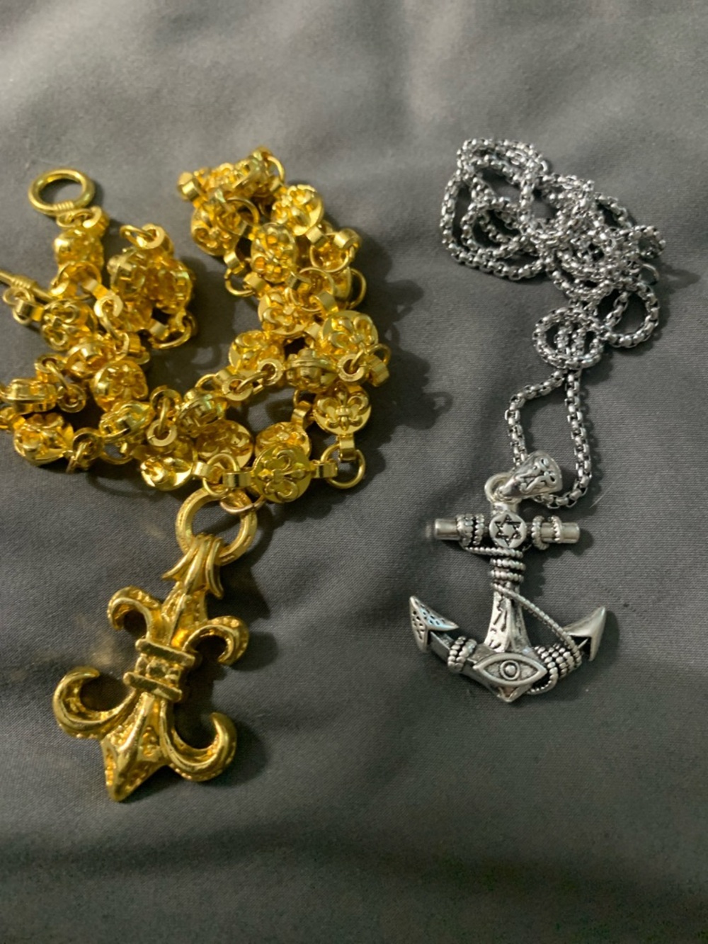 Gold Fleur-de-Lis Pendant Necklace & Silver Anchor Pendant Necklace Set
